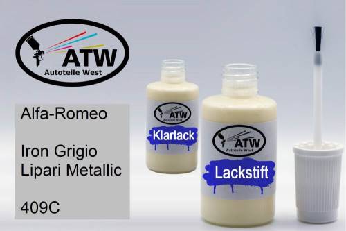 Alfa-Romeo, Iron Grigio Lipari Metallic, 409C: 20ml Lackstift + 20ml Klarlack - Set, von ATW Autoteile West.